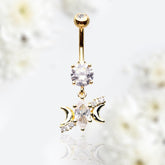 14G Gold Sparkling Marquise Stone Center with Dainty Moon Belly Button Ring